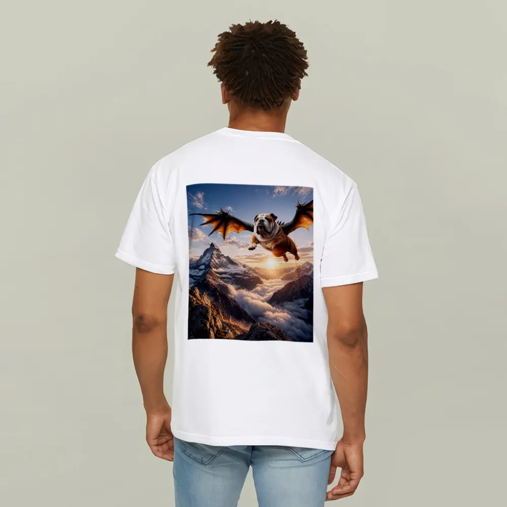Dragon Winged Bulldog Flying Over Mountains – T-Shirts
