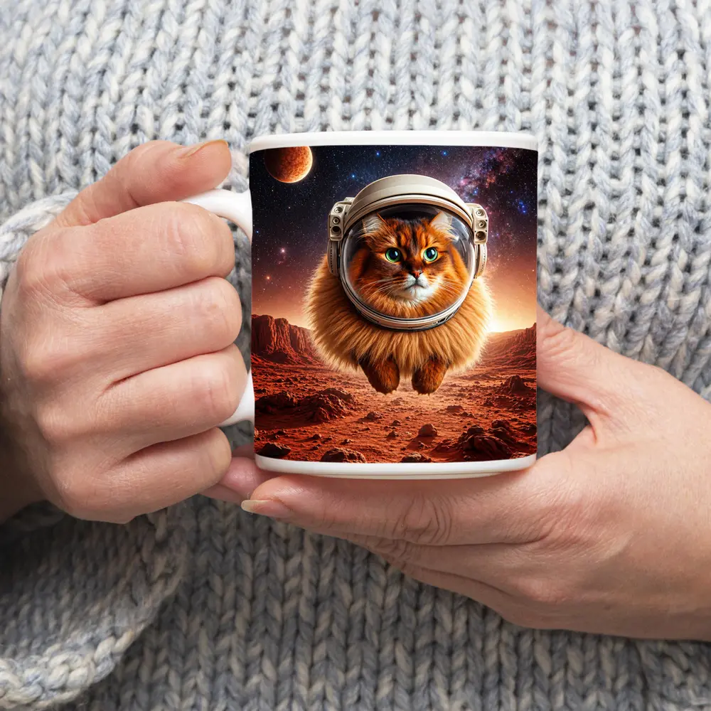 Somali Cat Astronaut Floating Over Mars – Mugs