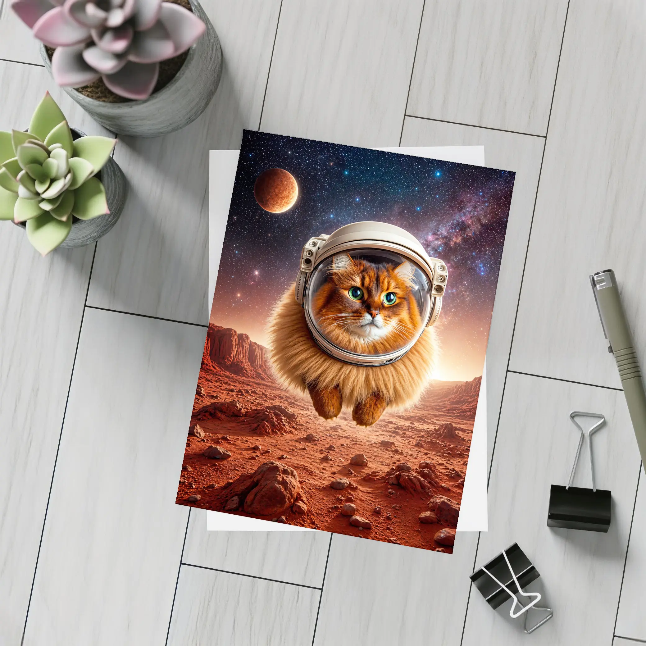 Somali Cat Astronaut Floating Over Mars – Postcards