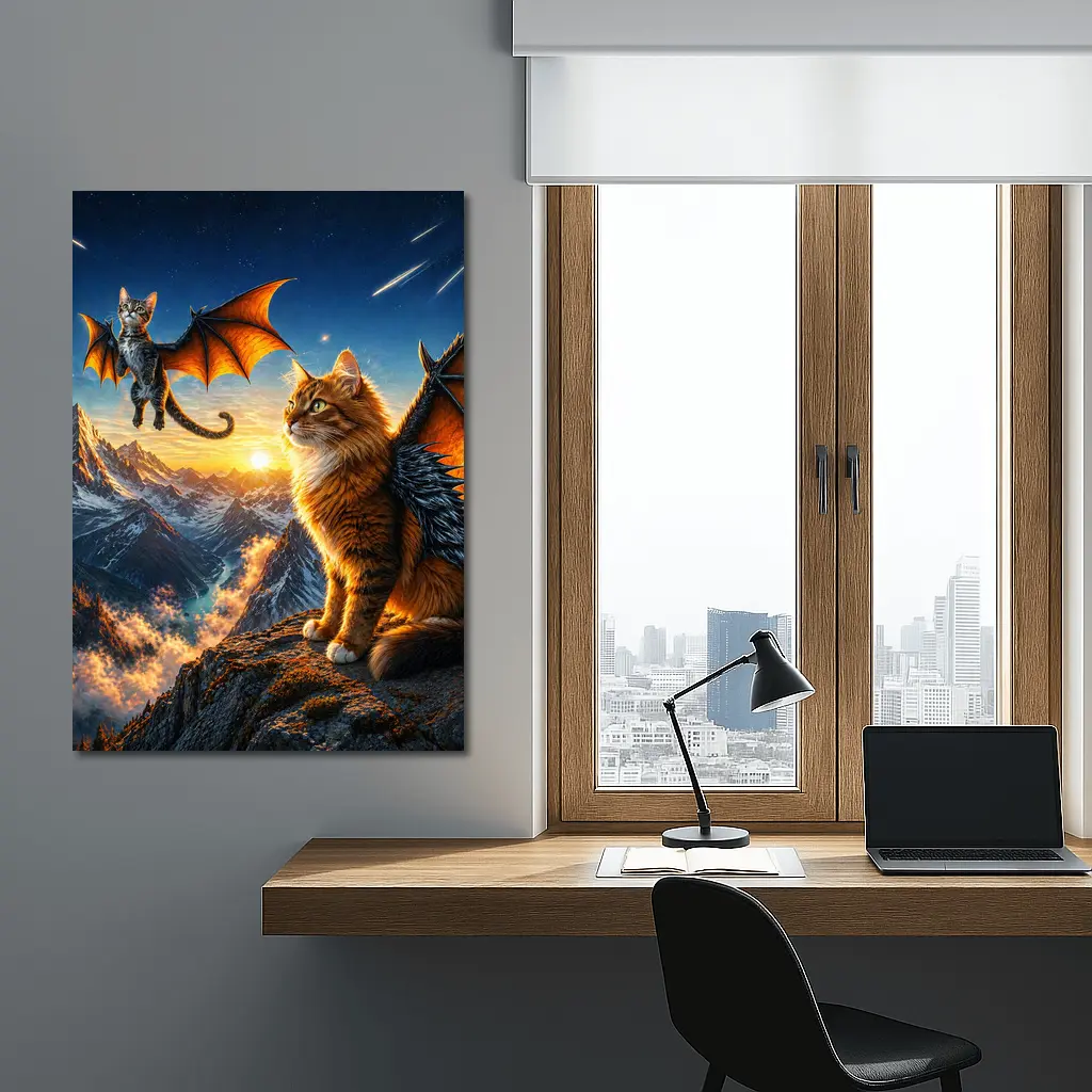 Dragon Cats Flying Over Mountain Sunset – Wall Art