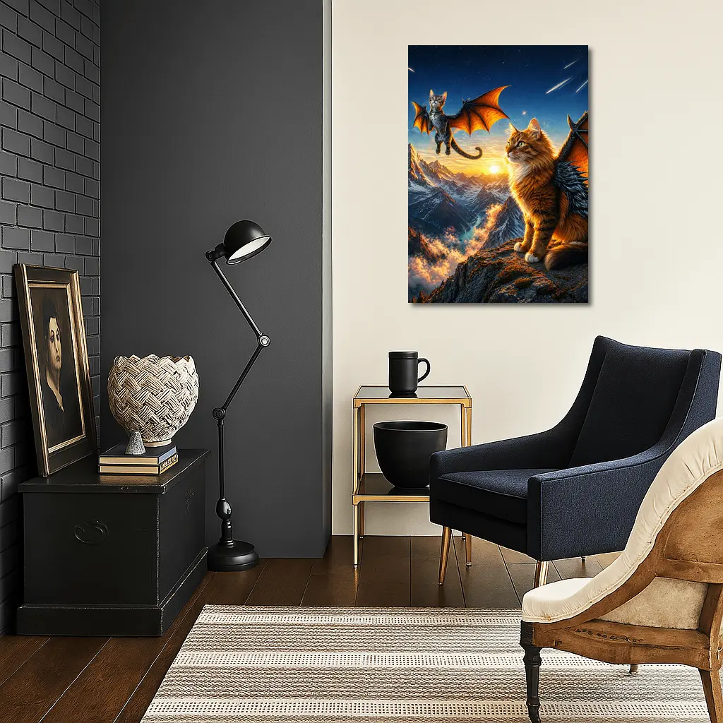 Dragon Cats Flying Over Mountain Sunset – Wall Art