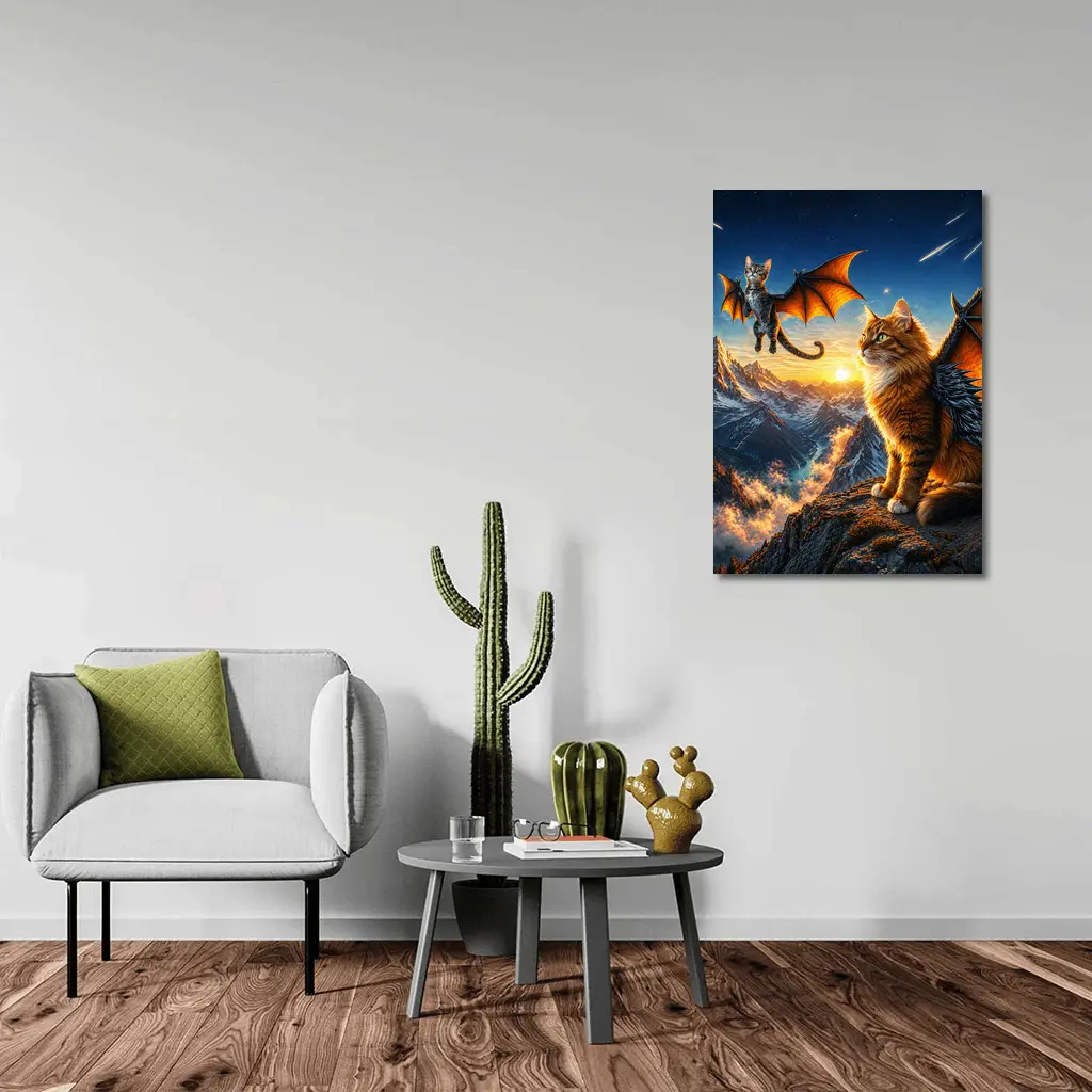 Dragon Cats Flying Over Mountain Sunset – Wall Art