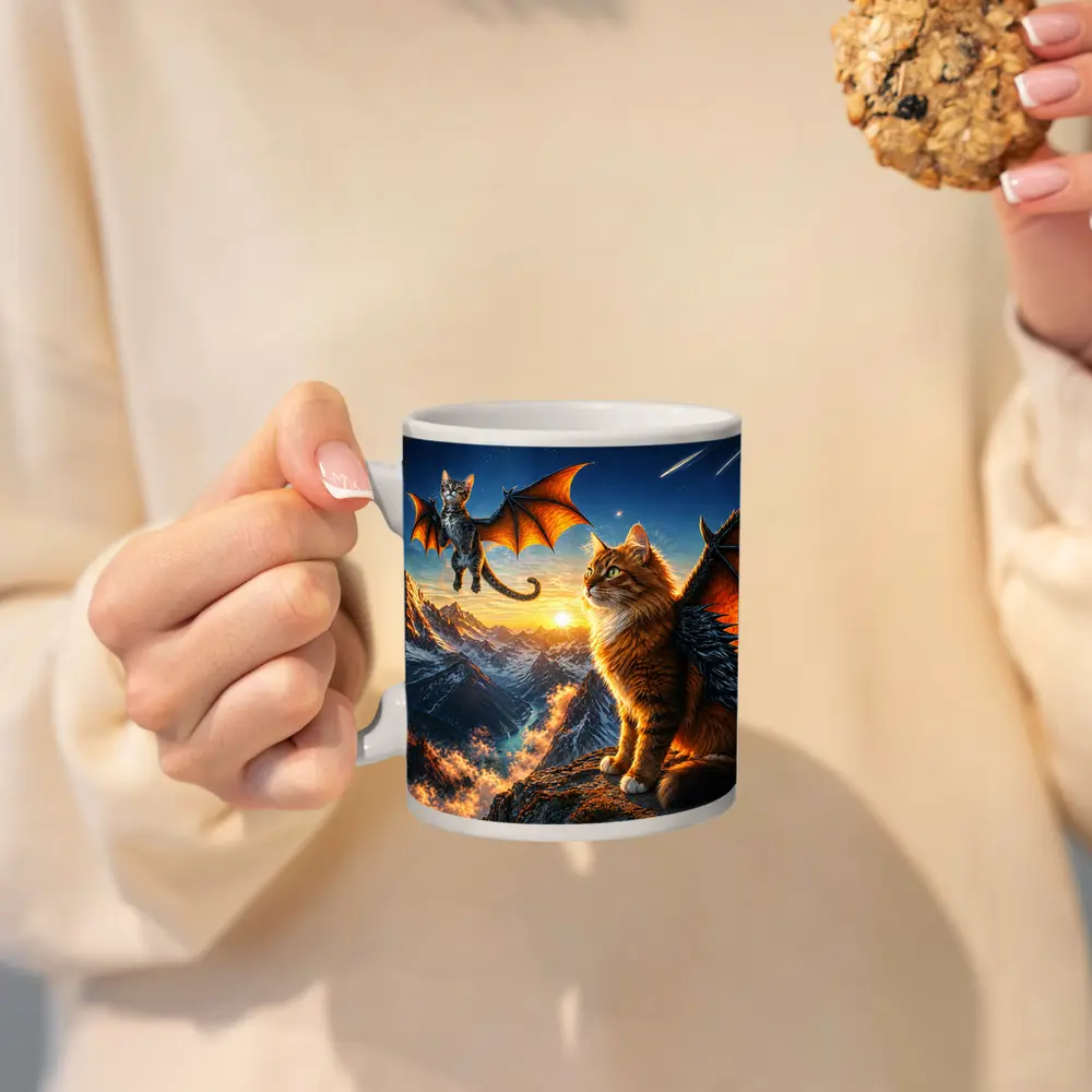 Dragon Cats Flying Over Mountain Sunset – Mugs