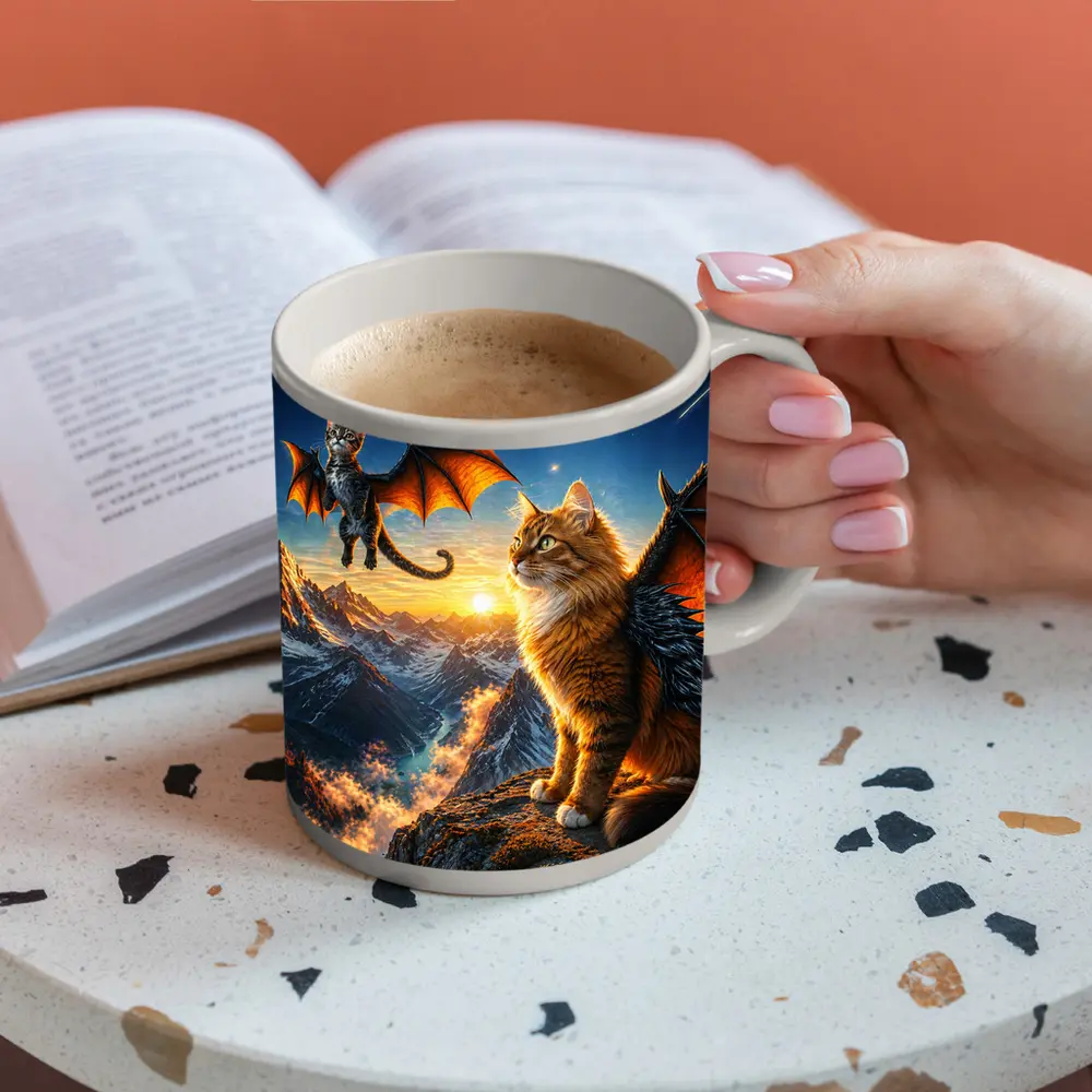 Dragon Cats Flying Over Mountain Sunset – Mugs