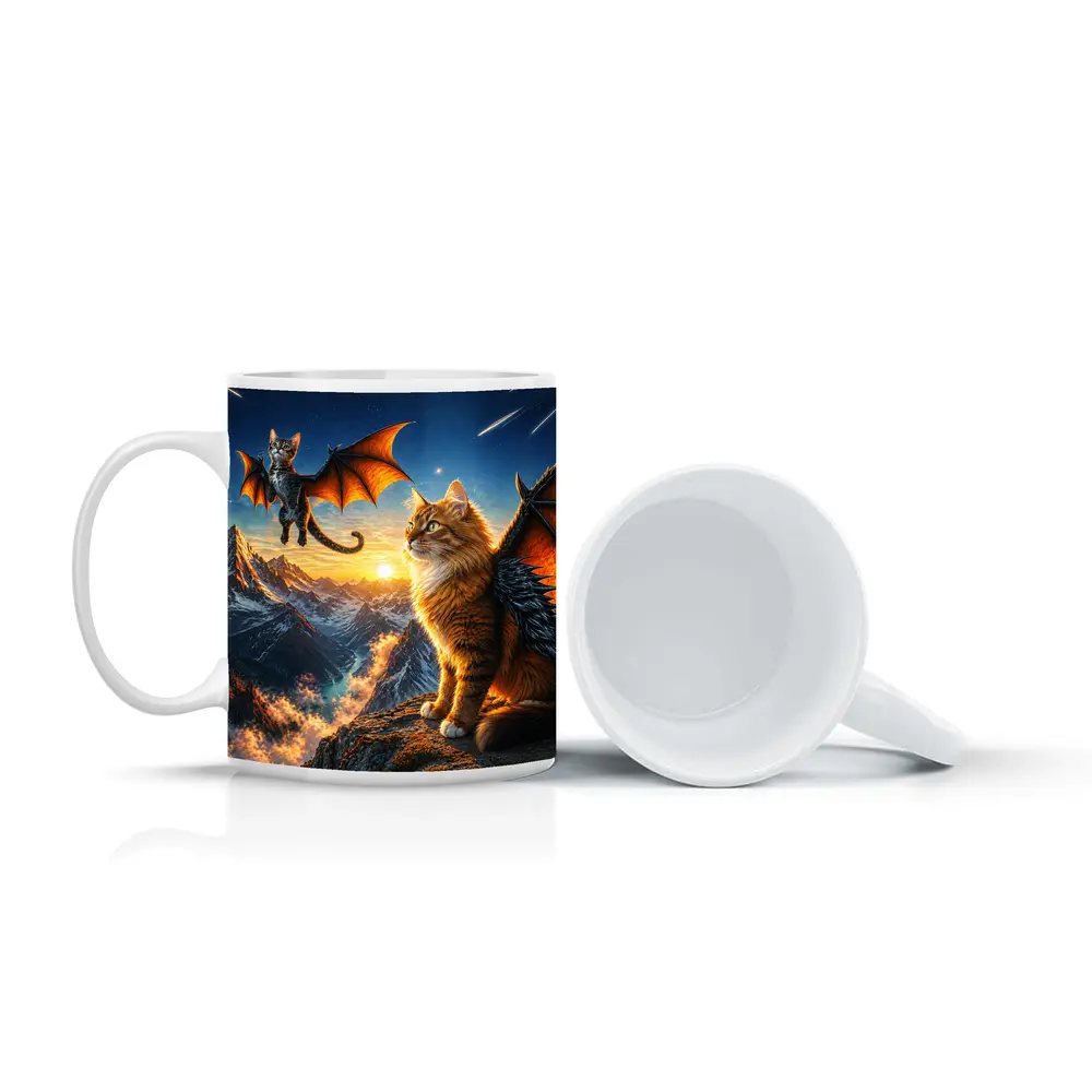 Dragon Cats Flying Over Mountain Sunset – Mugs