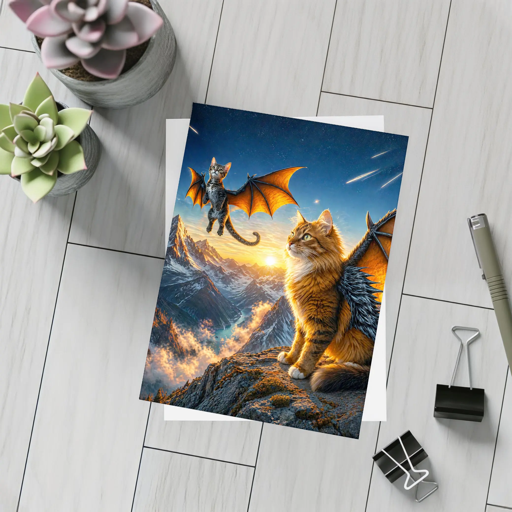 Dragon Cats Flying Over Mountain Sunset – Postcards