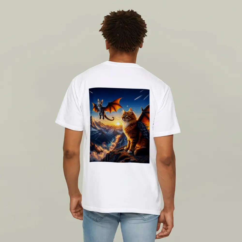 Dragon Cats Flying Over Mountain Sunset – T-Shirts