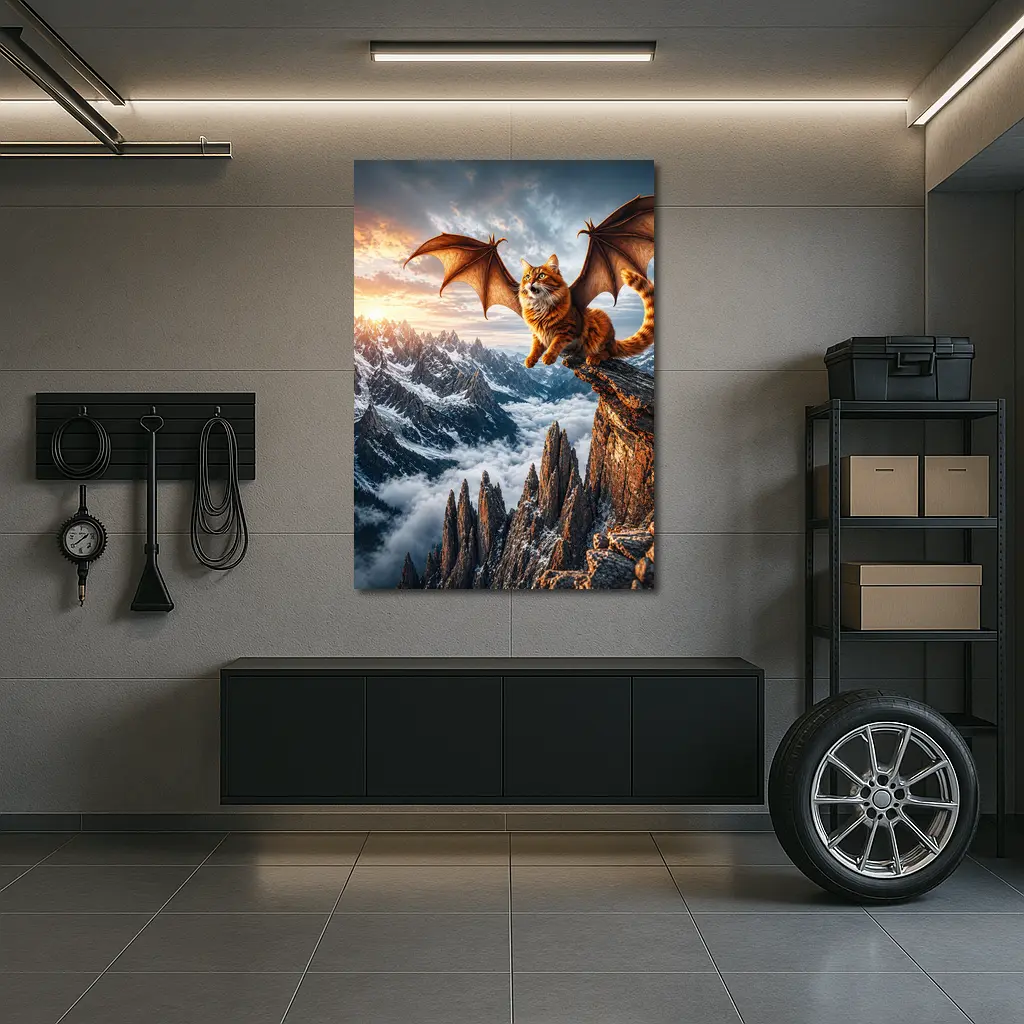 Dragon Wing Cat Over Snowy Mountain Peaks – Wall Art