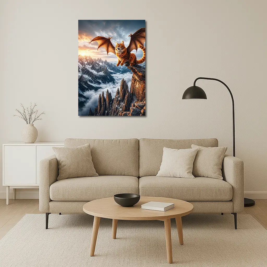 Dragon Wing Cat Over Snowy Mountain Peaks – Wall Art