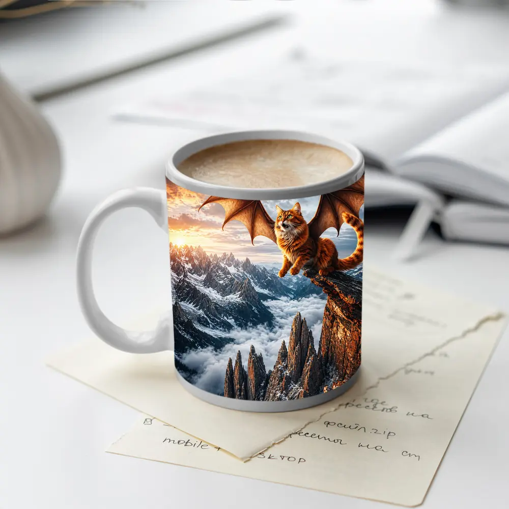 Dragon Wing Cat Over Snowy Mountain Peaks – Mugs