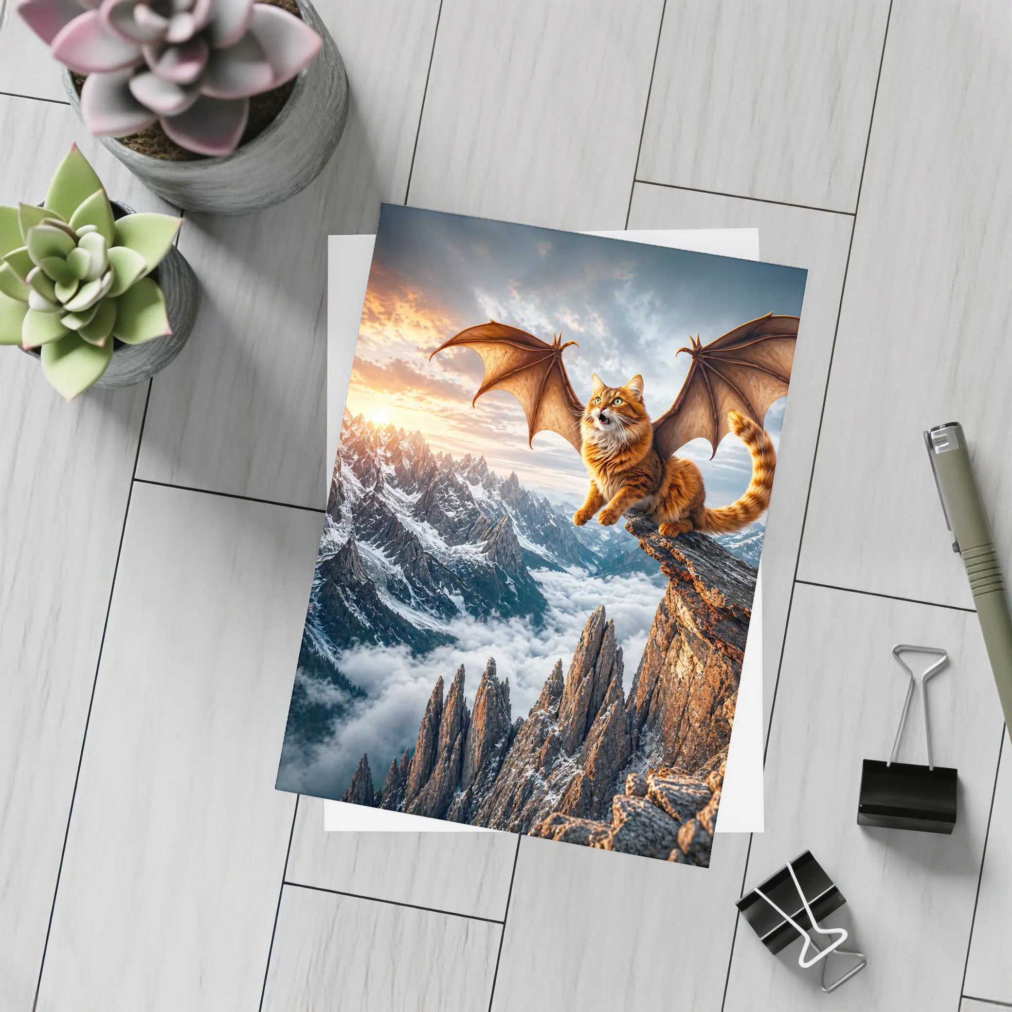 Dragon Wing Cat Over Snowy Mountain Peaks – Postcards