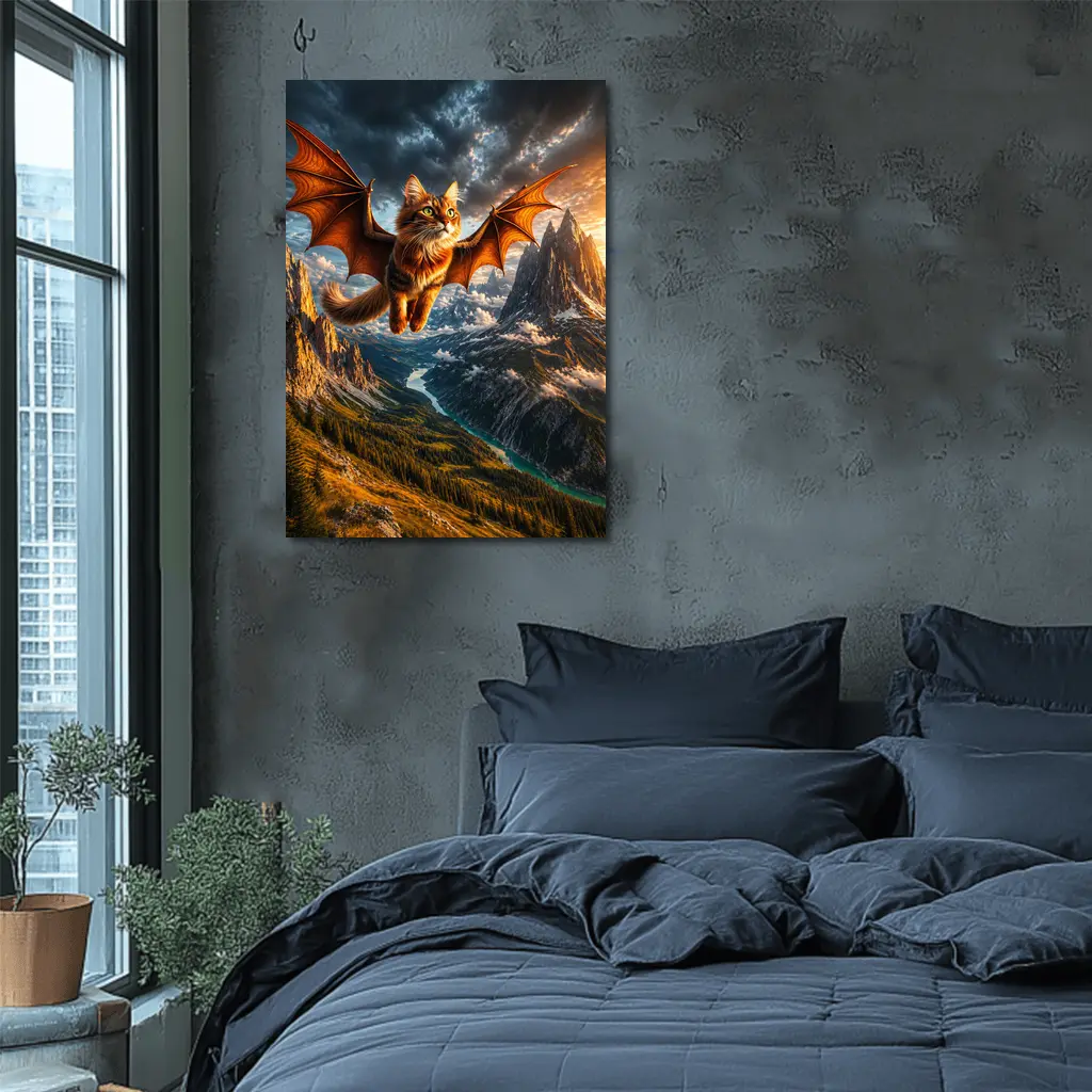 Dragon Winged Cat Flying Over Mountain Peaks – Wall Art