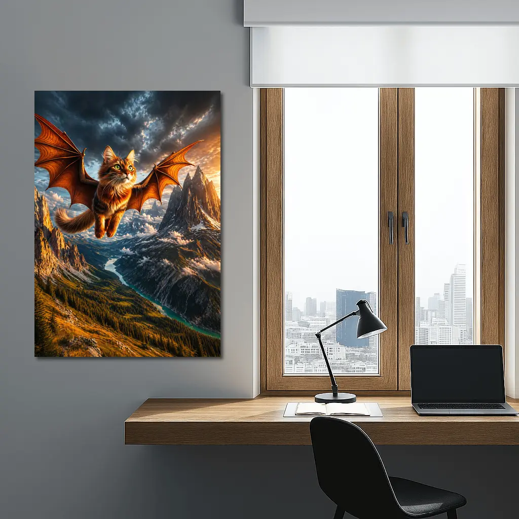 Dragon Winged Cat Flying Over Mountain Peaks – Wall Art