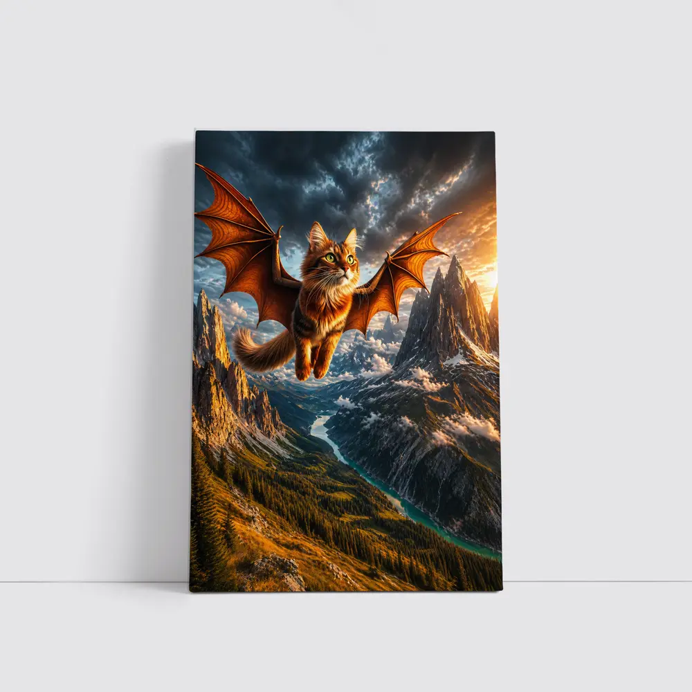 Dragon Winged Cat Flying Over Mountain Peaks – Wall Art