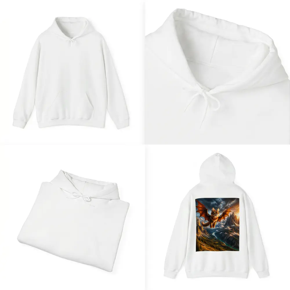Dragon Winged Cat Flying Over Mountain Peaks – Hoodies