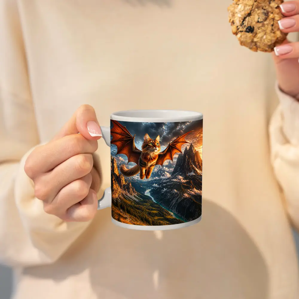 Dragon Winged Cat Flying Over Mountain Peaks – Mugs