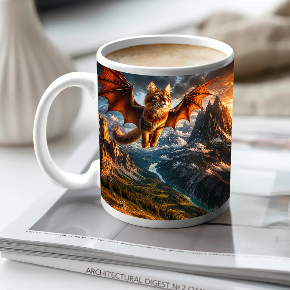 Dragon Winged Cat Flying Over Mountain Peaks – Mugs