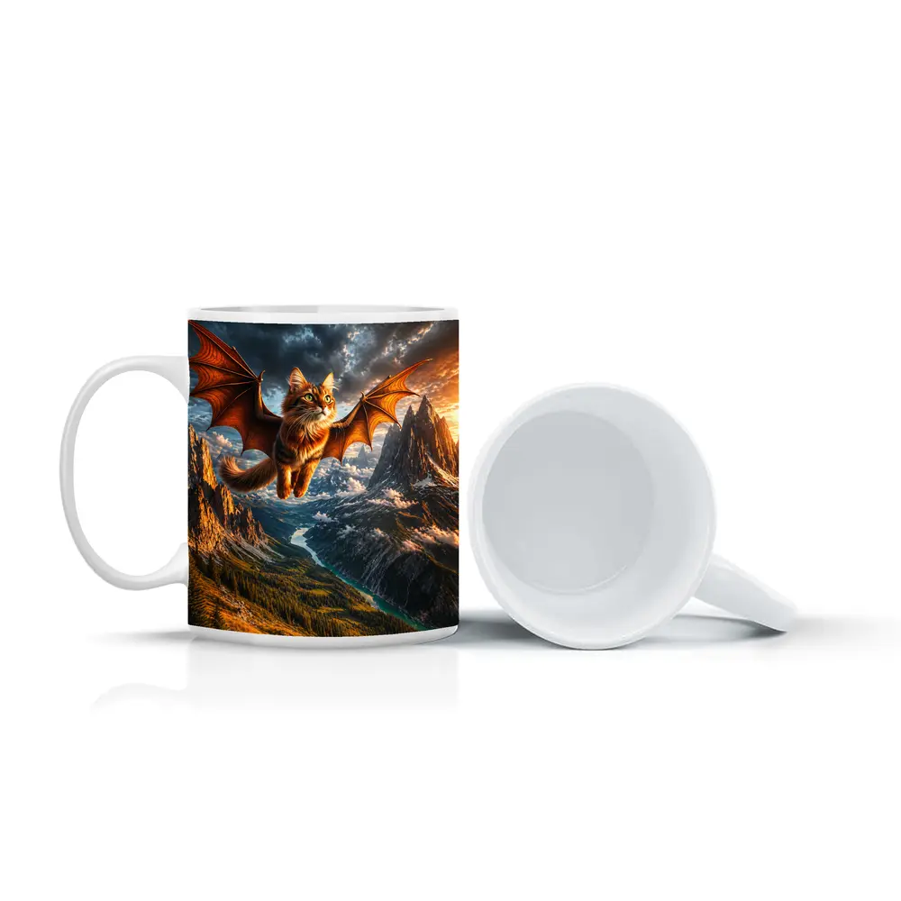 Dragon Winged Cat Flying Over Mountain Peaks – Mugs