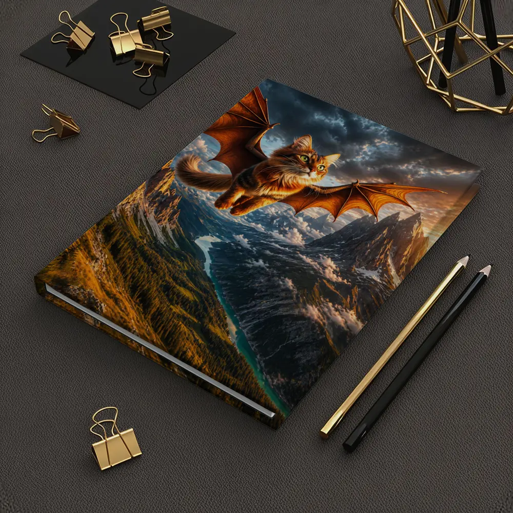 Dragon Winged Cat Flying Over Mountain Peaks – Notebooks