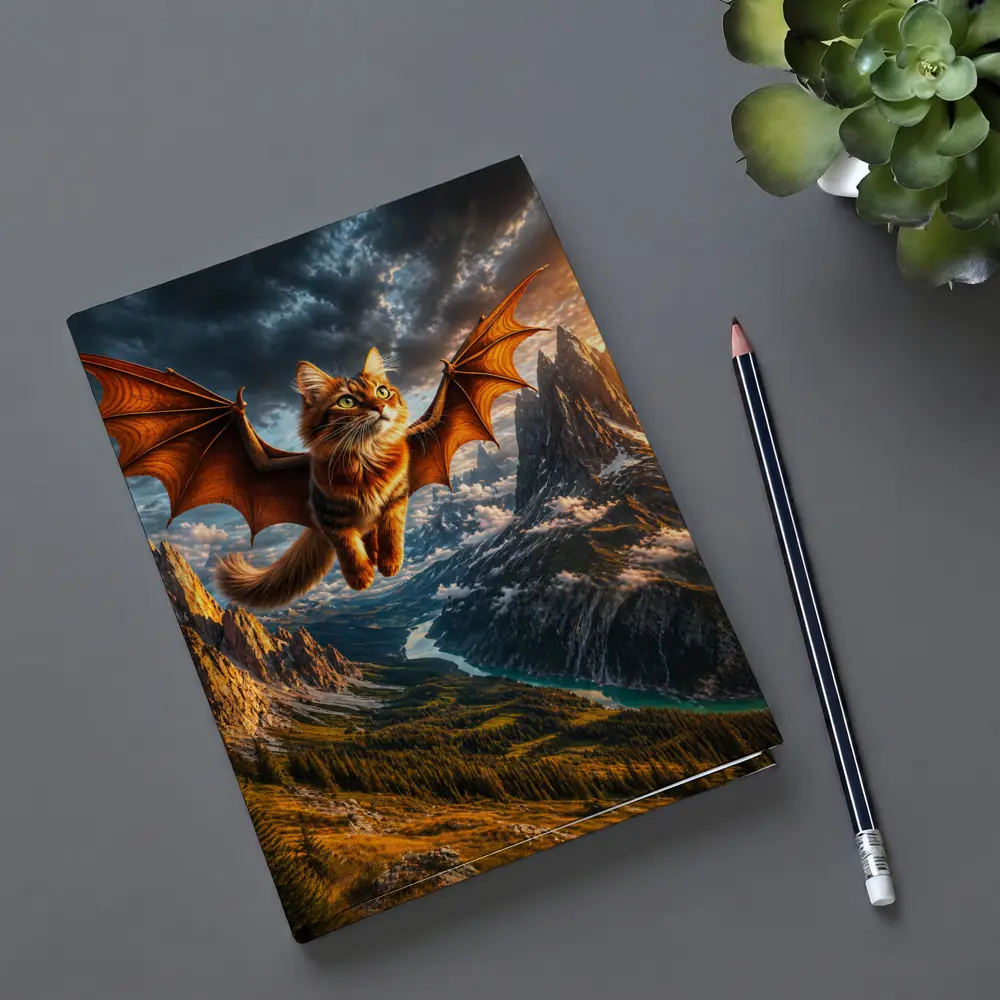Dragon Winged Cat Flying Over Mountain Peaks – Notebooks