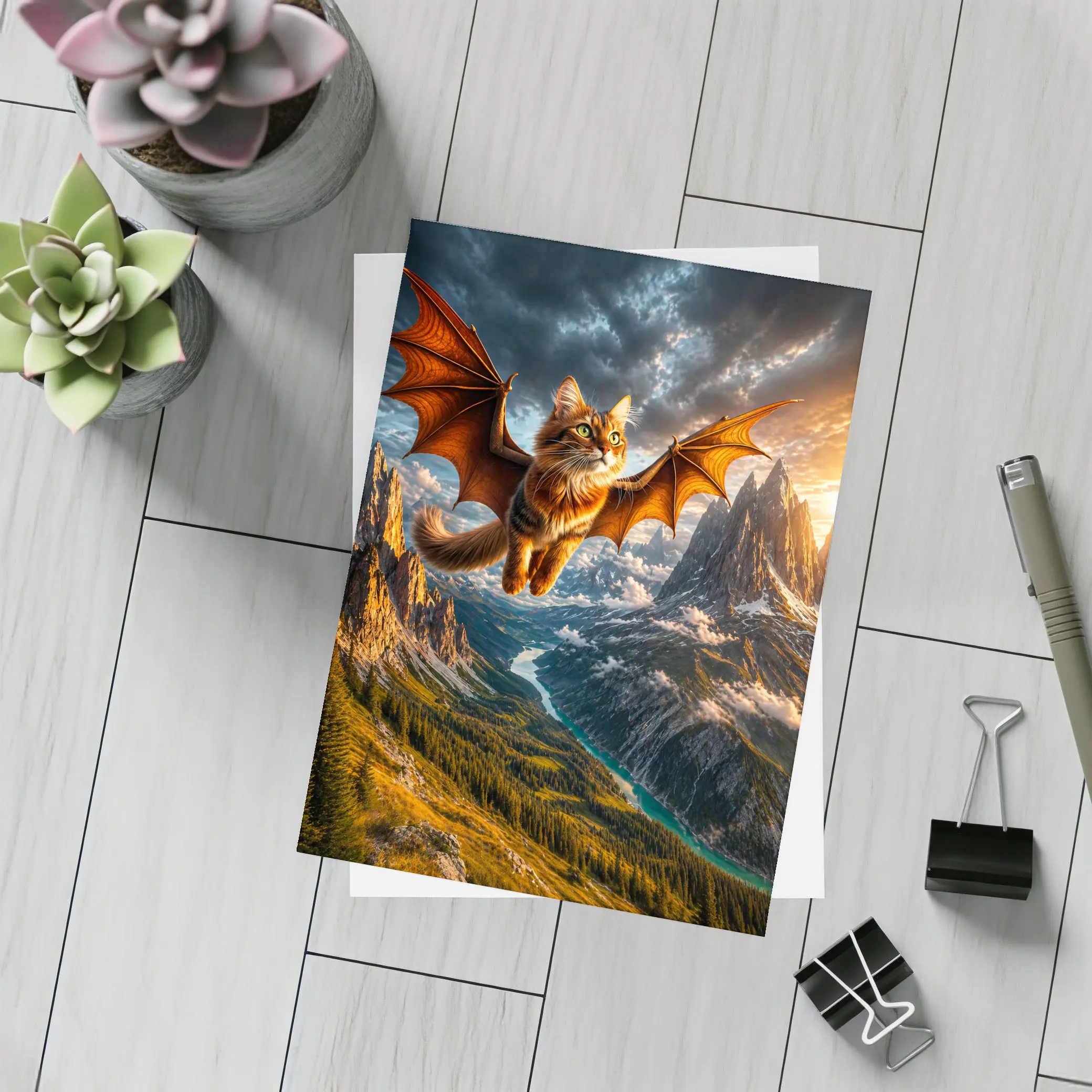 Dragon Winged Cat Flying Over Mountain Peaks – Postcards