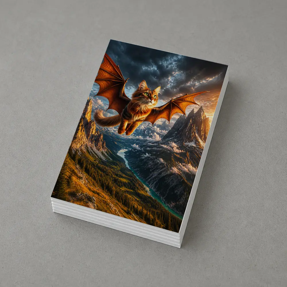 Dragon Winged Cat Flying Over Mountain Peaks – Postcards