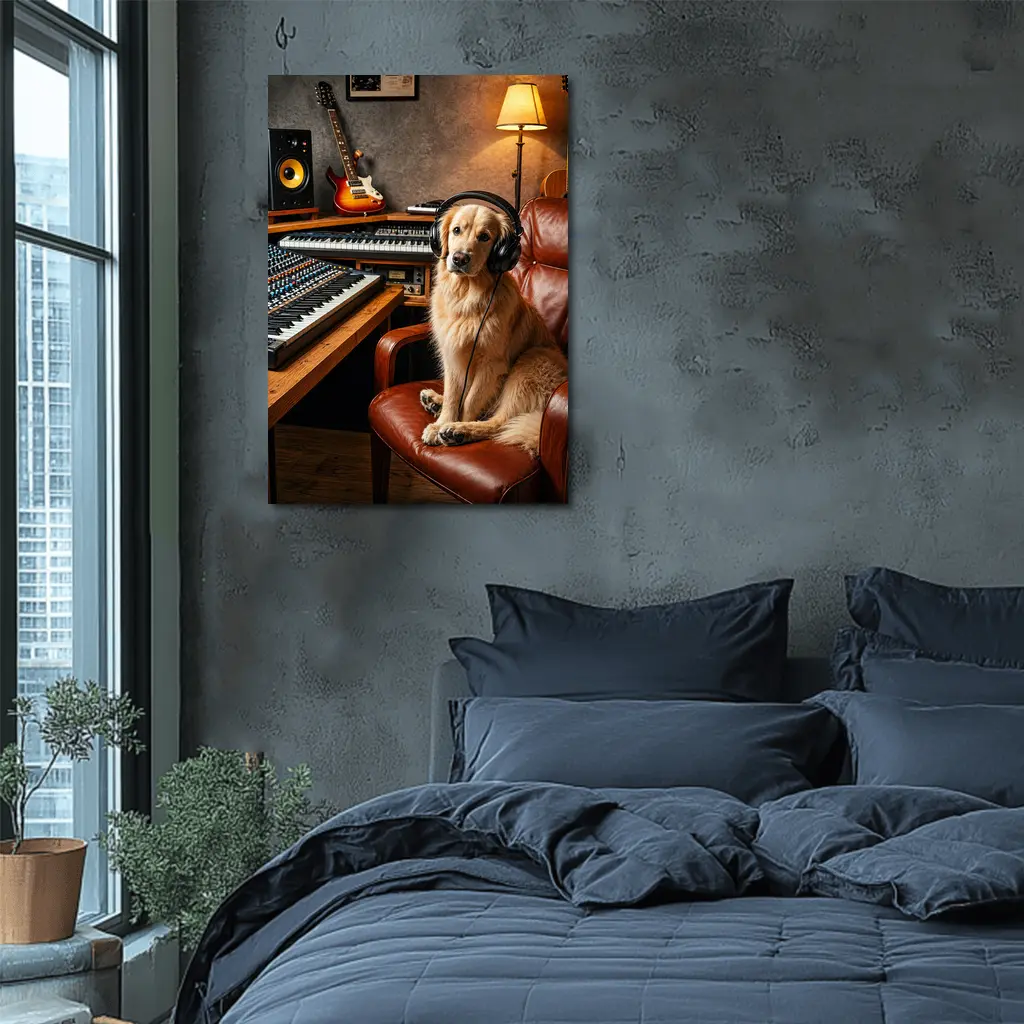 Golden Retriever Producer in Music Studio – Wall Art