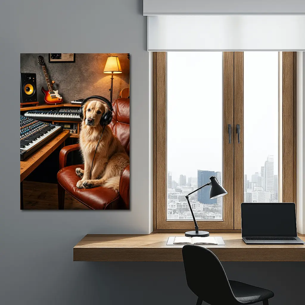 Golden Retriever Producer in Music Studio – Wall Art
