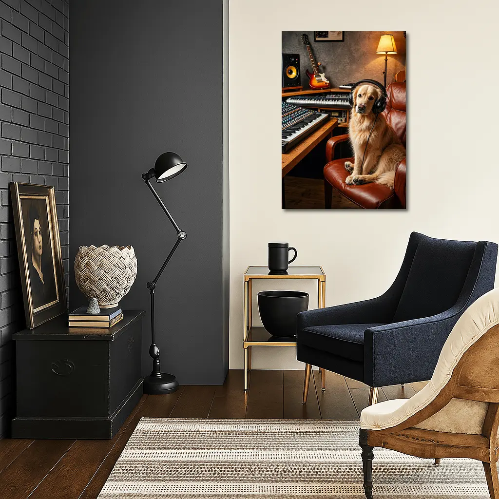 Golden Retriever Producer in Music Studio – Wall Art