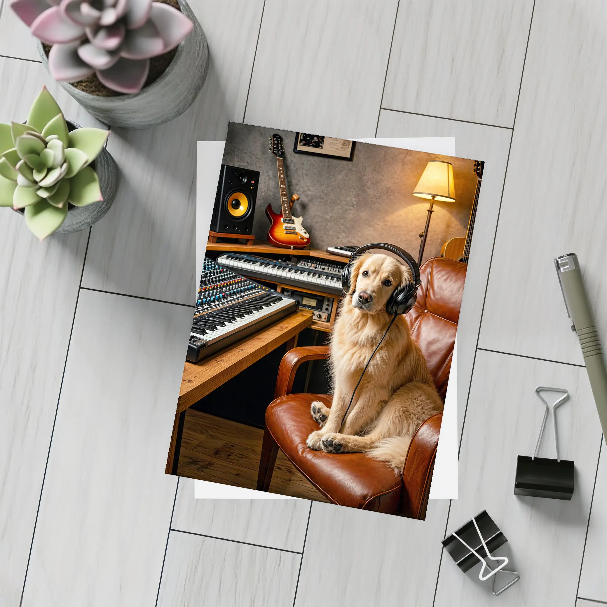 Golden Retriever Producer in Music Studio – Postcards
