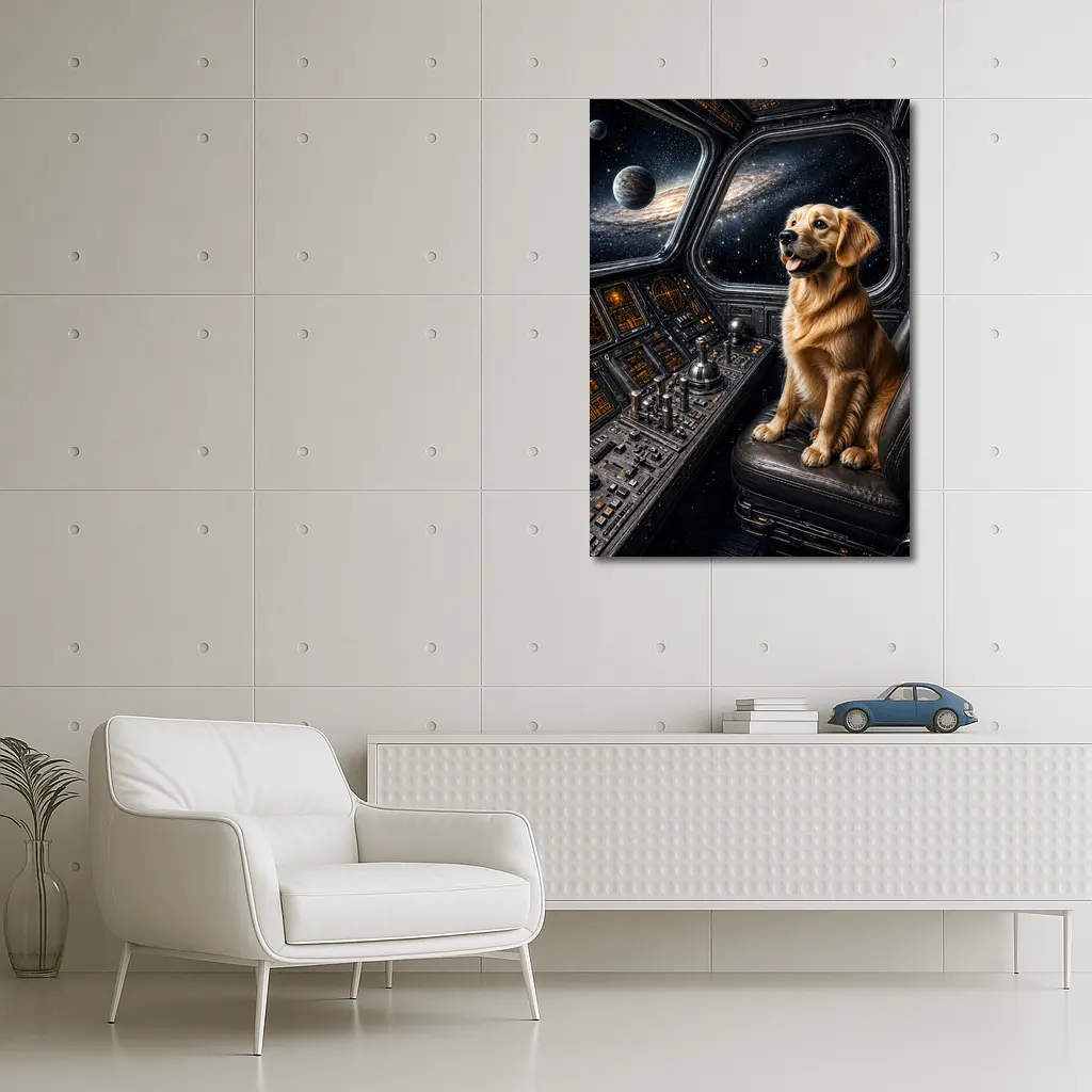 Golden Retriever Pilot In Space Cockpit – Wall Art