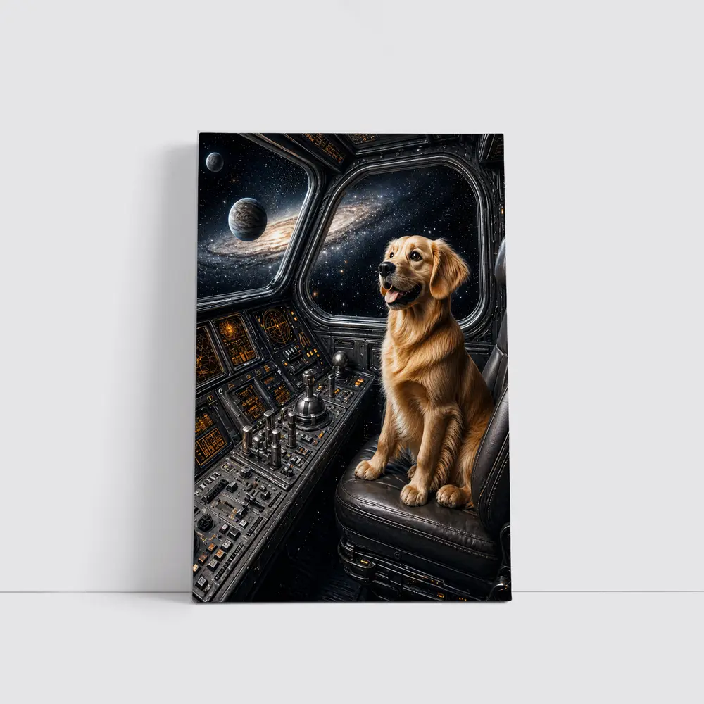 Golden Retriever Pilot In Space Cockpit – Wall Art