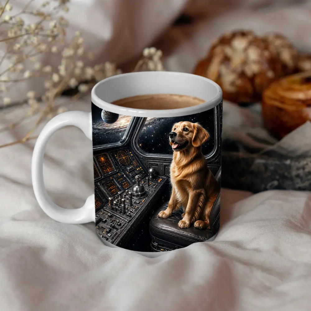 Golden Retriever Pilot In Space Cockpit – Mugs