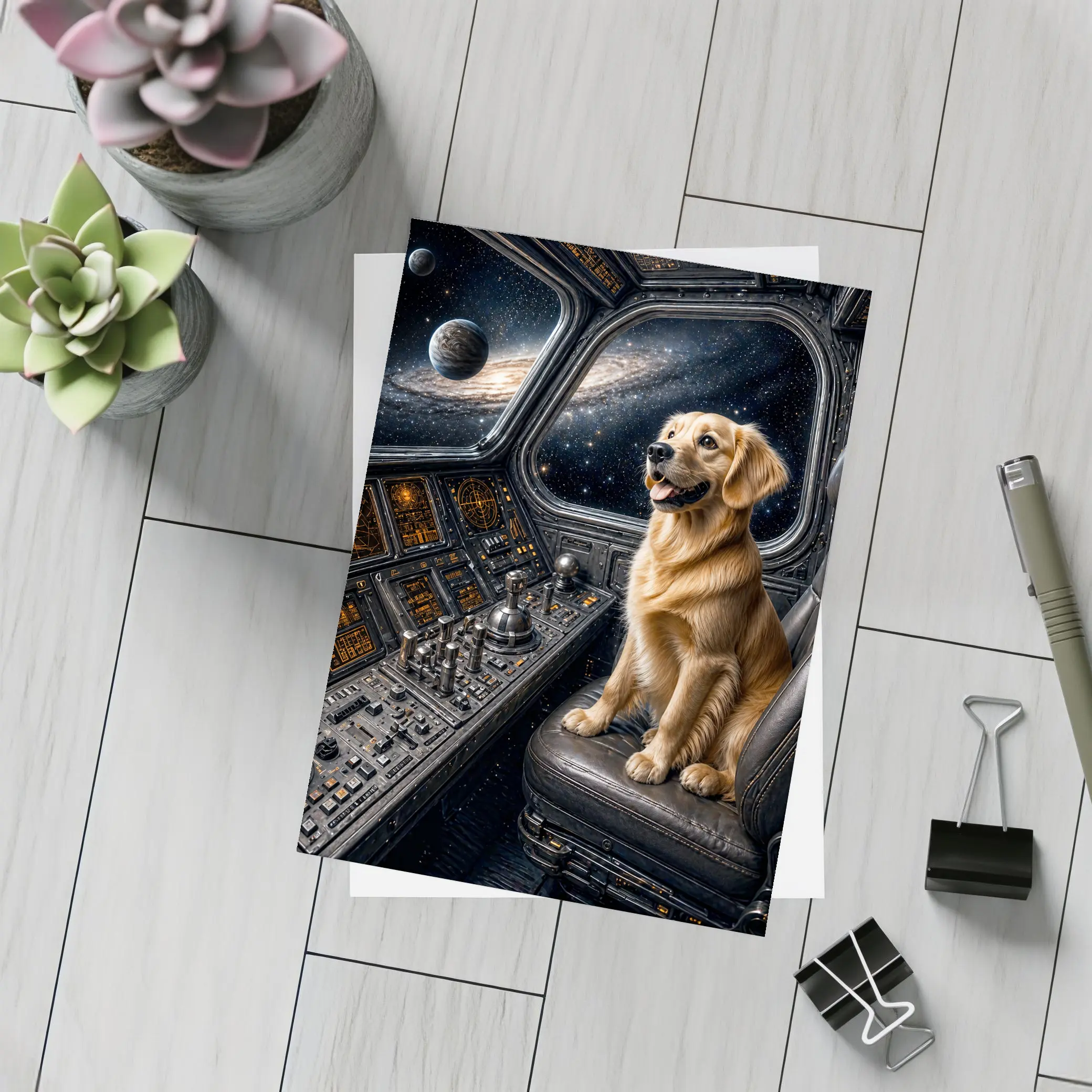 Golden Retriever Pilot In Space Cockpit – Postcards