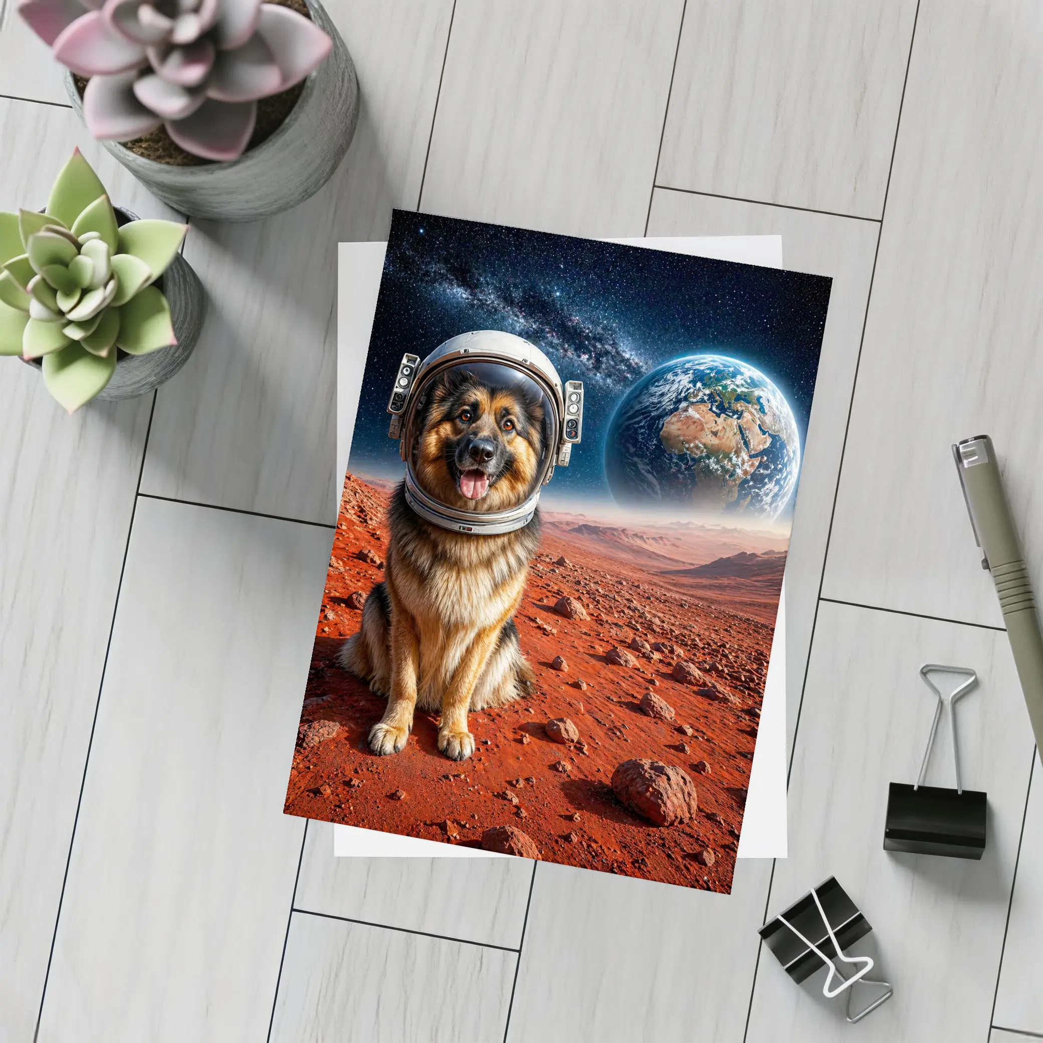 German Shepherd Astronaut on Mars Surface – Postcards