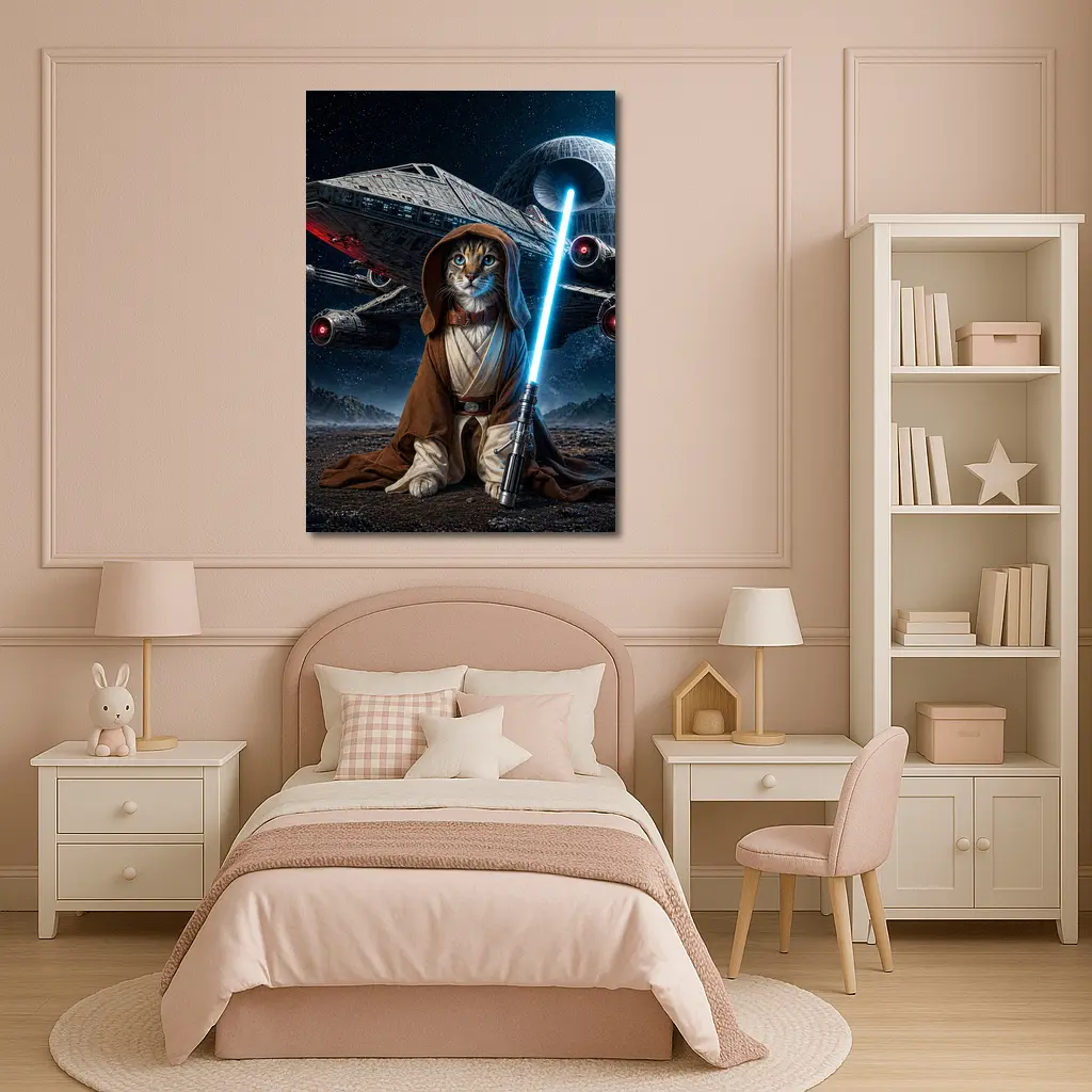 Jedi Cat Warrior With Lightsaber Space Background – Wall Art