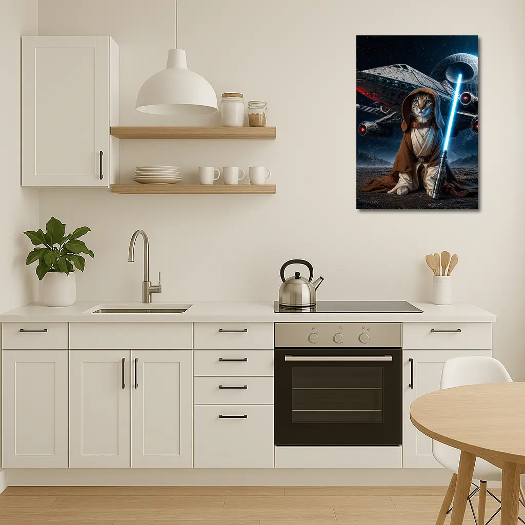 Jedi Cat Warrior With Lightsaber Space Background – Wall Art