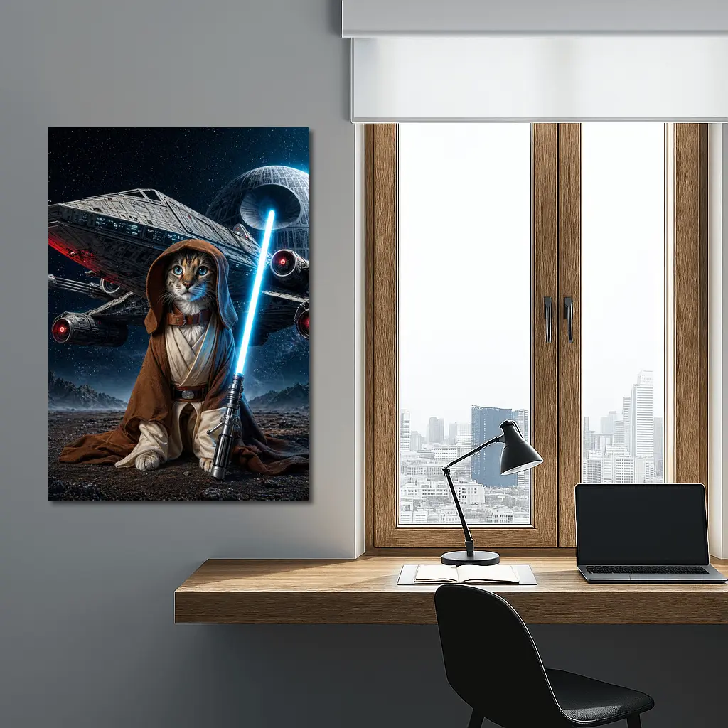 Jedi Cat Warrior With Lightsaber Space Background – Wall Art