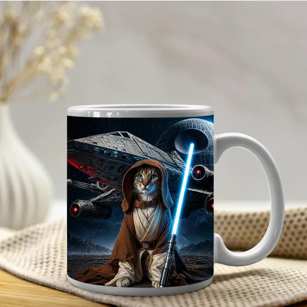 Jedi Cat Warrior With Lightsaber Space Background – Mugs