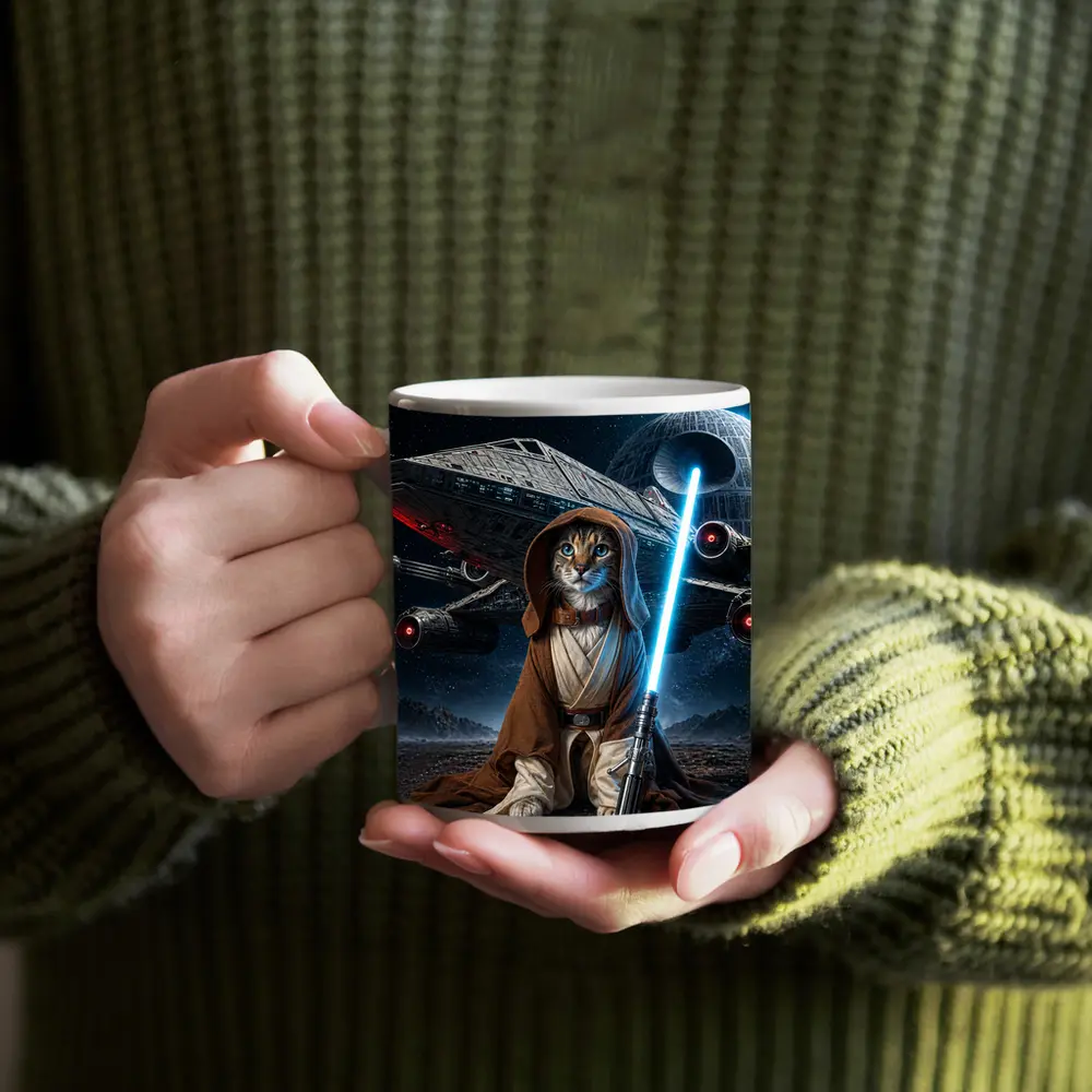 Jedi Cat Warrior With Lightsaber Space Background – Mugs