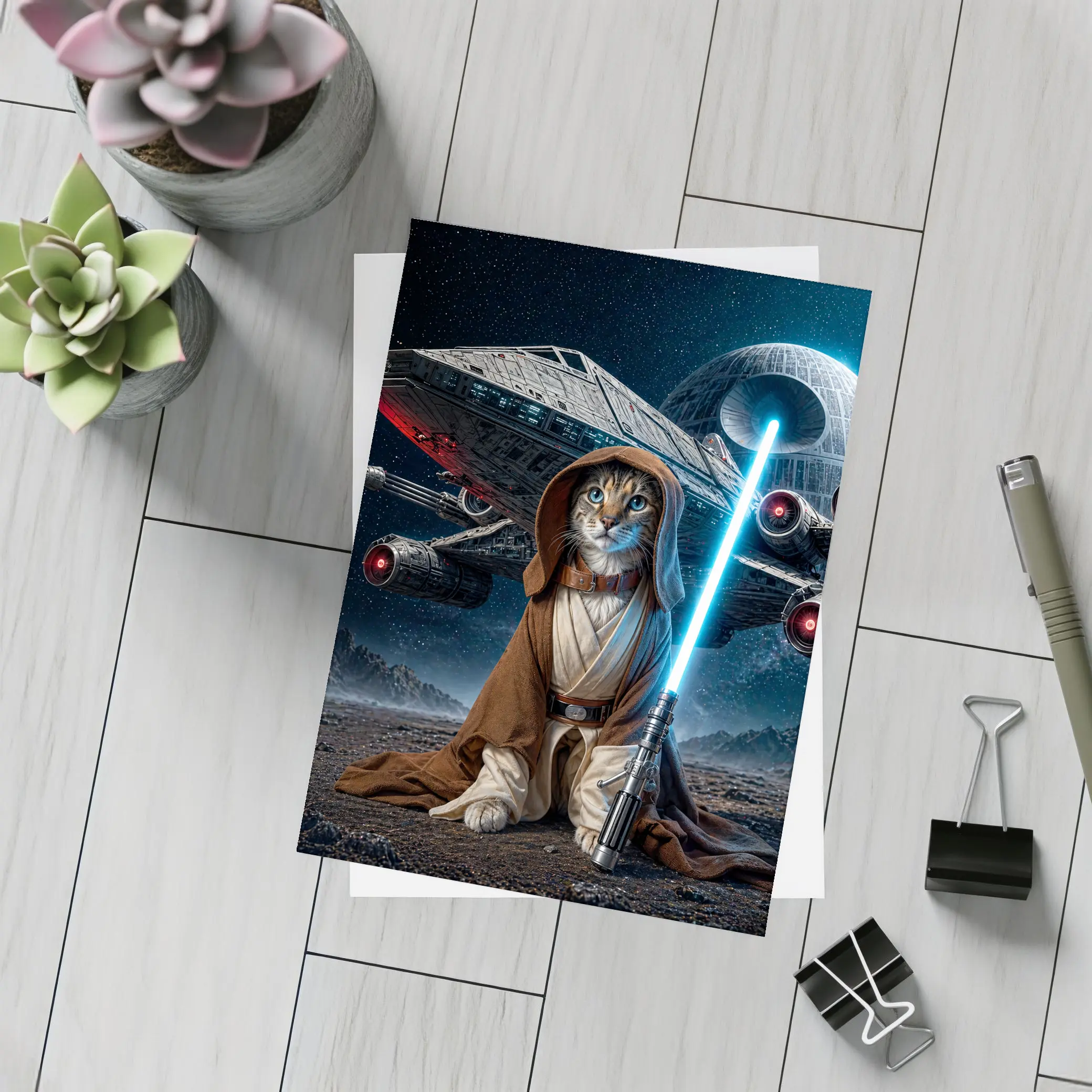 Jedi Cat Warrior With Lightsaber Space Background – Postcards