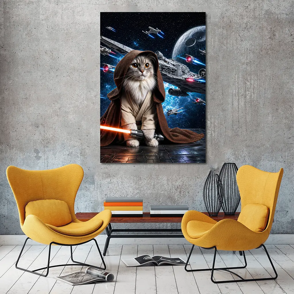 Jedi Cat With Lightsaber In Space – Wall Art