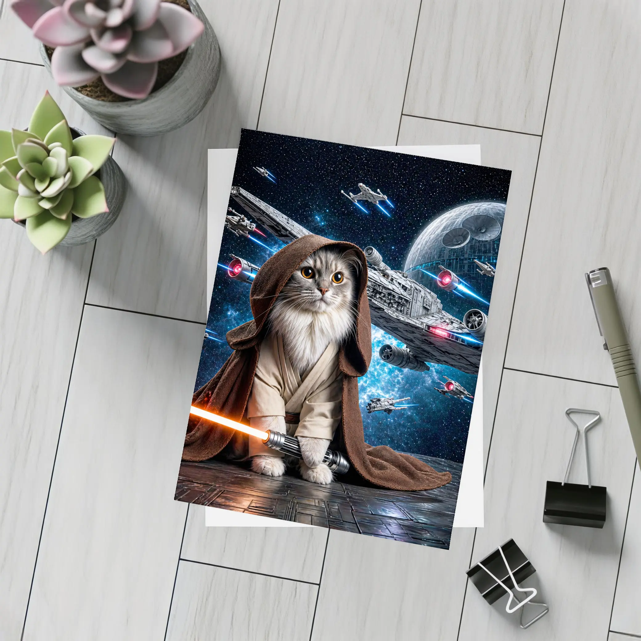 Jedi Cat With Lightsaber In Space – Postcards