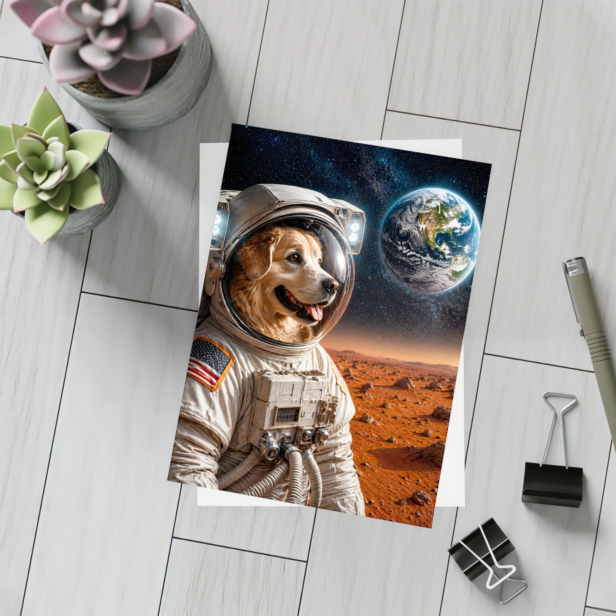 Golden Retriever Astronaut On Mars Surface – Postcards
