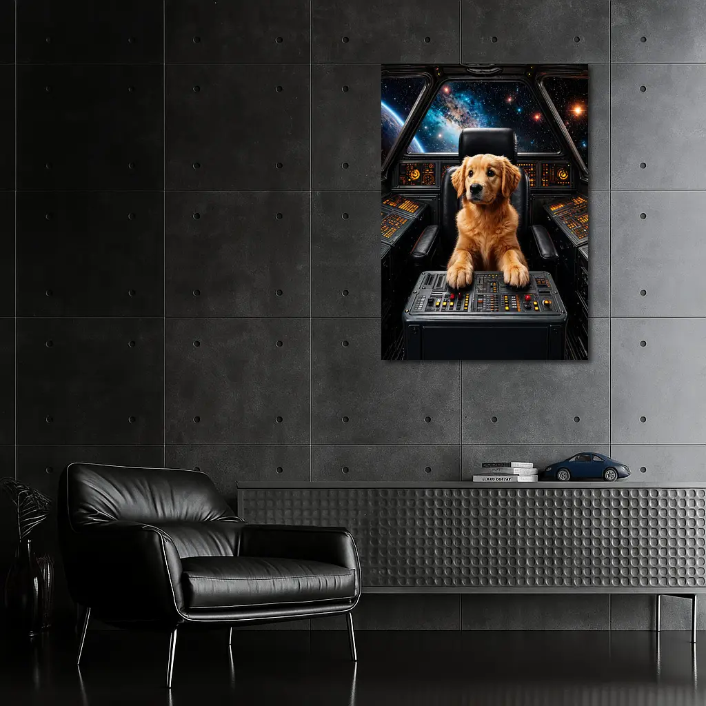 Golden Retriever Puppy Piloting Space Starship – Wall Art