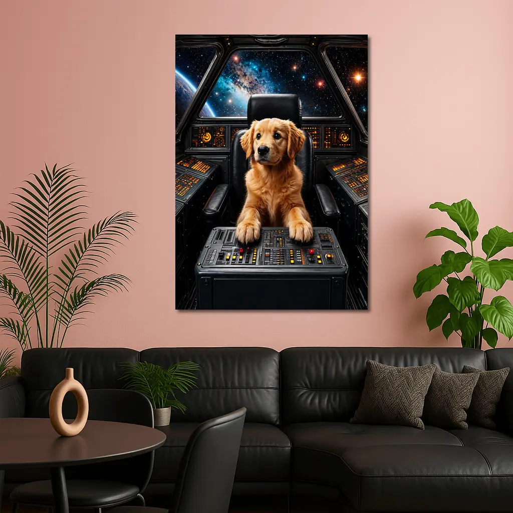 Golden Retriever Puppy Piloting Space Starship – Wall Art