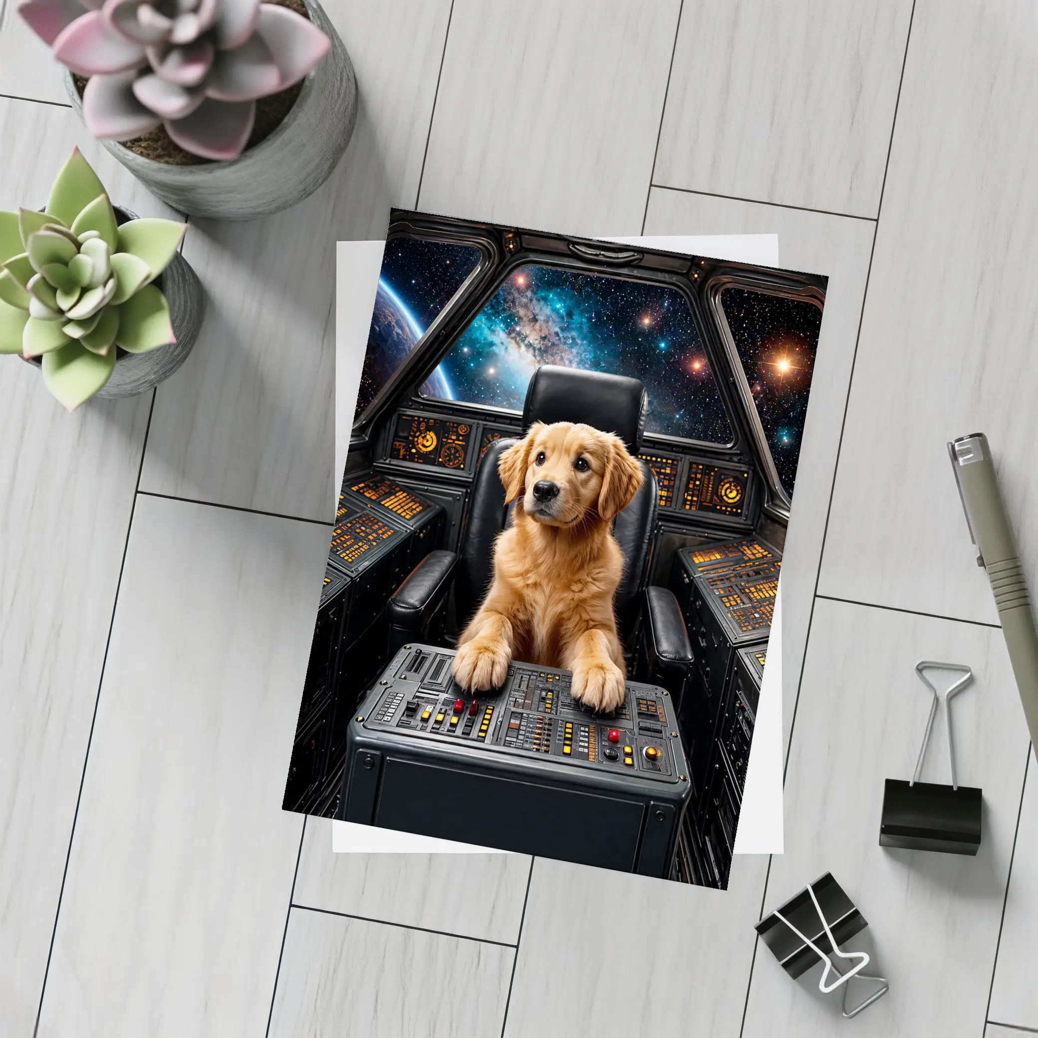 Golden Retriever Puppy Piloting Space Starship – Postcards