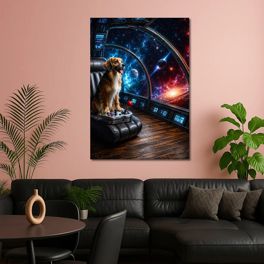 Golden Dog Piloting Spaceship Through Galaxy – Wall Art