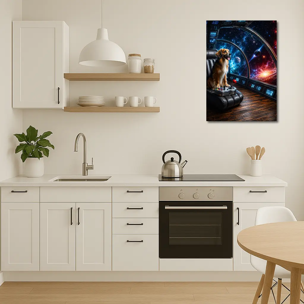 Golden Dog Piloting Spaceship Through Galaxy – Wall Art