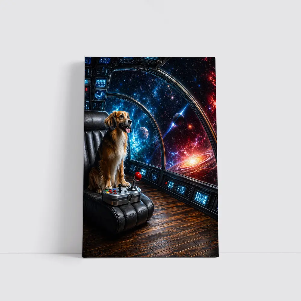 Golden Dog Piloting Spaceship Through Galaxy – Wall Art